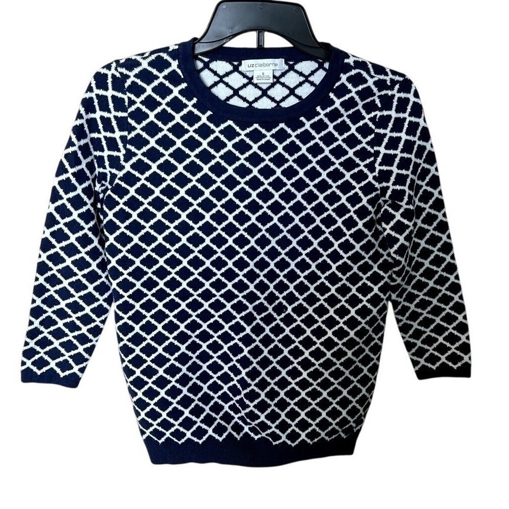 Liz Claiborne Womens Navy Blue White Diamond Lattice 3/4 Sleeve Sweater Small